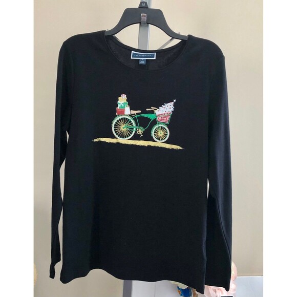 Karen Scott t-shirt ugly top Karen Scott size MEDIUM crew neck log sleeves Black - Picture 2 of 5